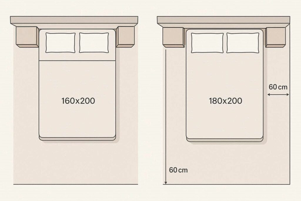 Схематичне зображення спальні з ліжком різних розмірів (160×200 і 180×200)