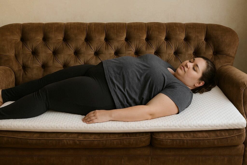 жінка вагою 90кг лежить на топері на дивані
