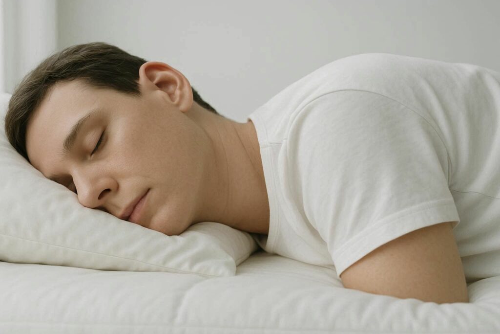 Close side-angle view of a person sleeping on their side