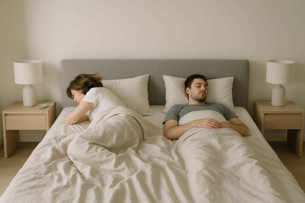 двоспальне ліжко, на якому лежать дві людини з обох боків, одна з них перевертається, а інша залишається нерухомою