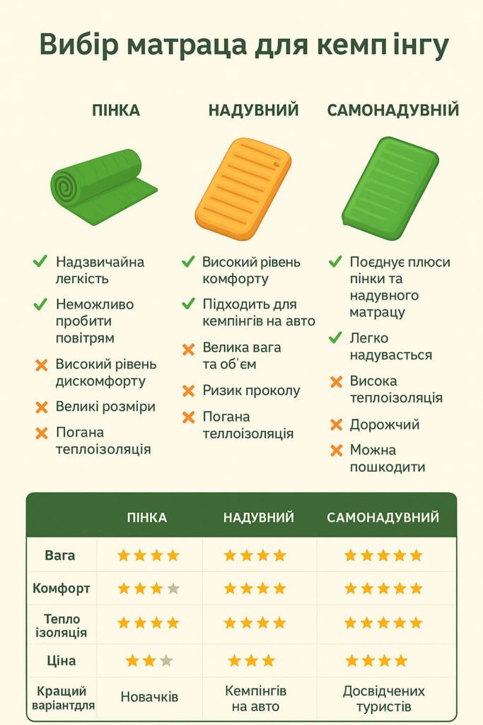 Матраси для кемпінгу: що краще — пінка, надувний чи самонадувний