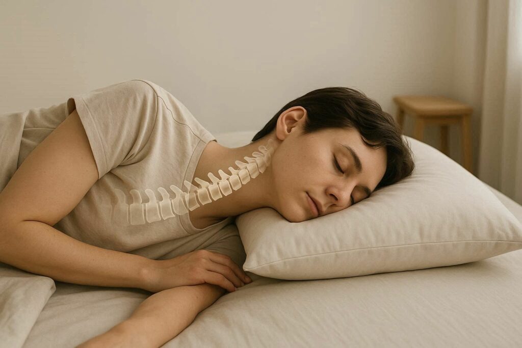 Side view of a person sleeping on their side with a supportive pillow under the head and neck