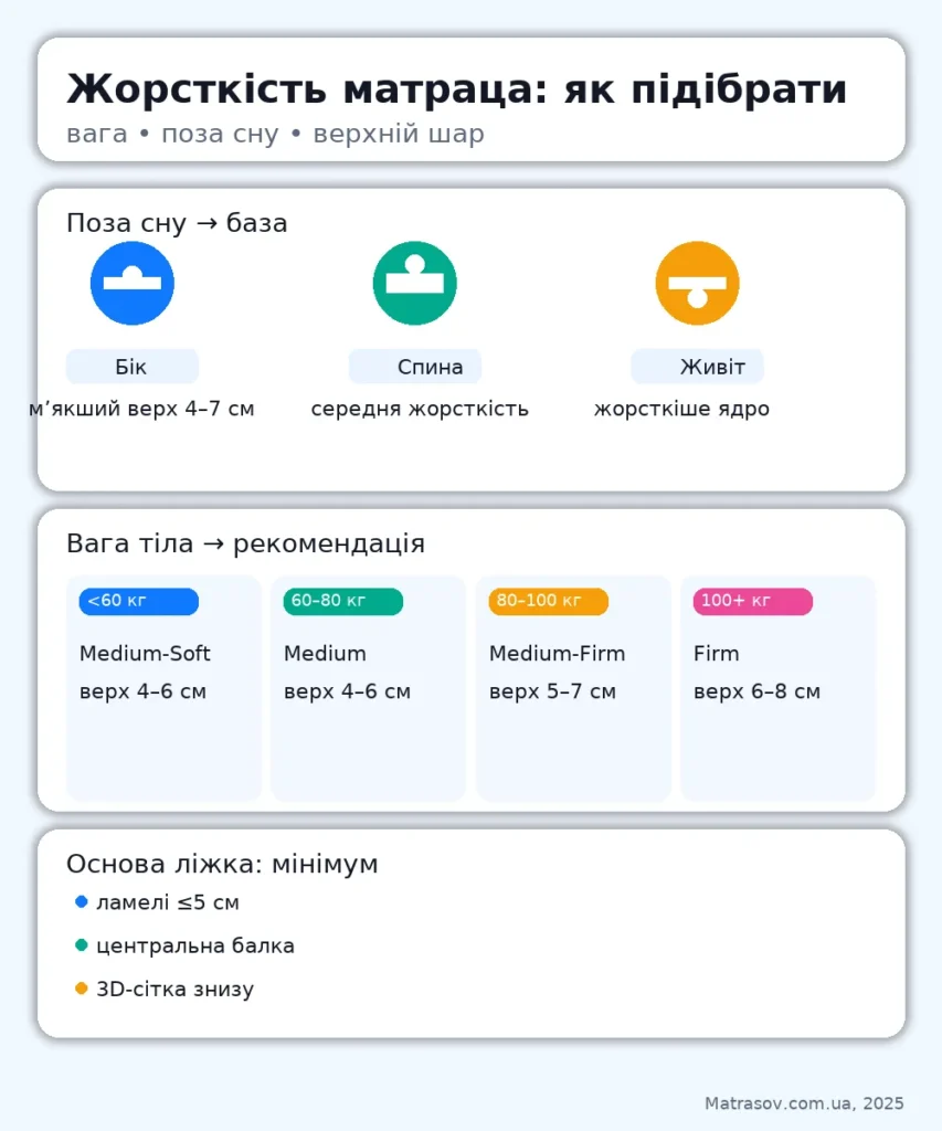 Жорсткість матраца: вага, поза сну, верхній шар
