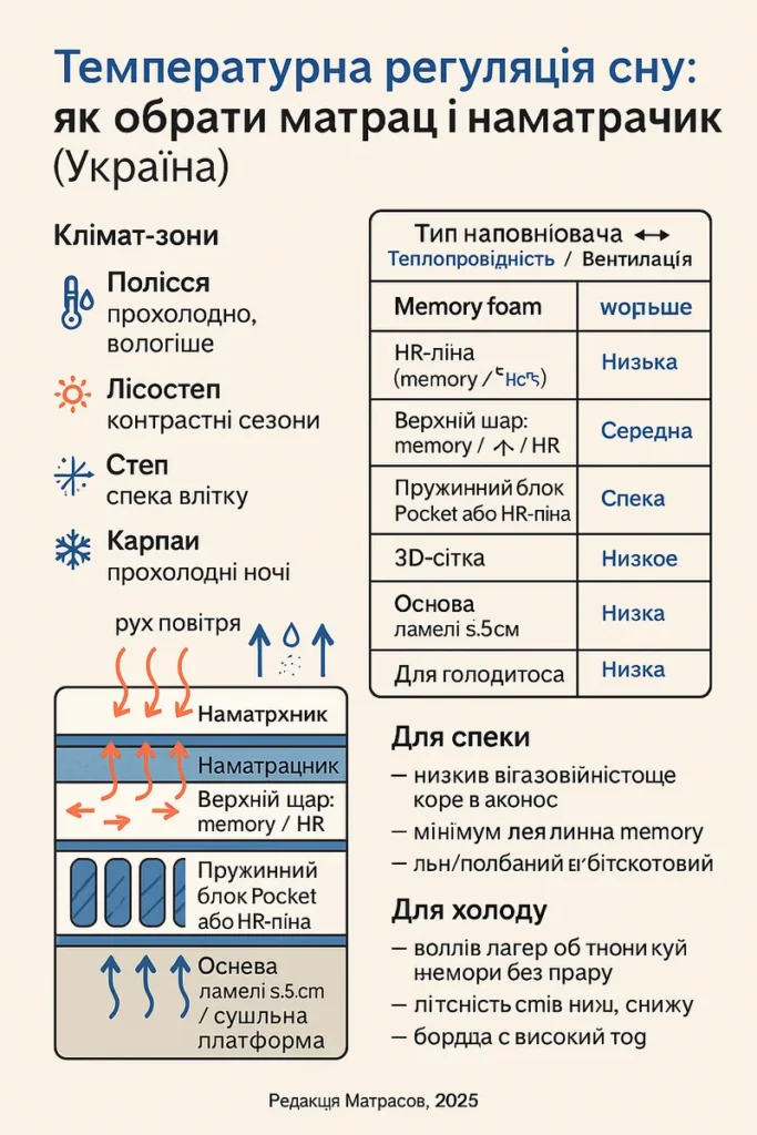 Інфографіка: як повітря проходить крізь шари матраца — вентиляція, матеріали та роль основи з ламелями